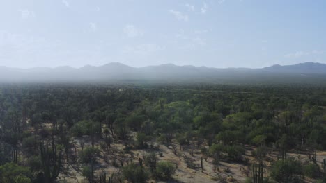 Aerial-landscape-shot-of-a-dusty-desert-in-Baja-California,-Mexico
