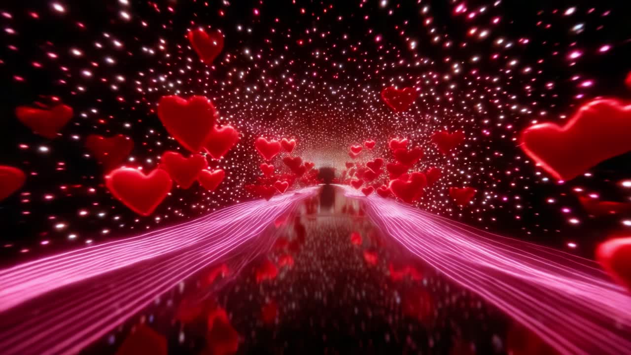 An Enchanting Journey Through a Surreal Tunnel Filled with Floating Hearts and Twinkling Lights, Capturing the Essence of Love and Affection in a Vivid and Mesmerizing Visual Experience