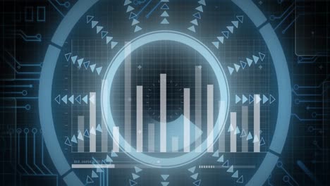 Animation-of-graphs,-loading-bars-over-arrows-in-loading-circle-and-circuit-board-pattern