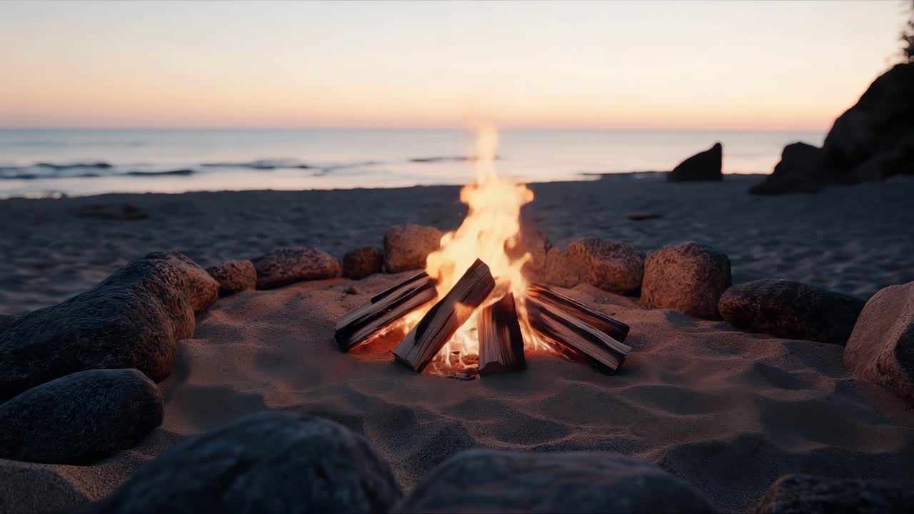 Campfire on a serene beach at sunset