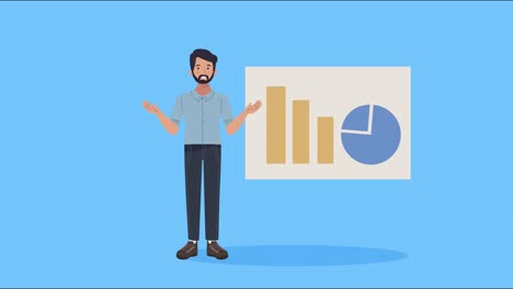 young man with statistics bars animation