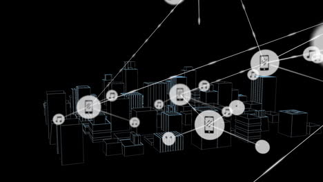 animation of network of connections with icons over 3d architectural drawing of city in background