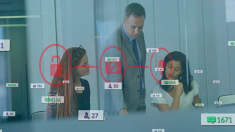 animation of social media notifications and media network over diverse colleagues at office meeting