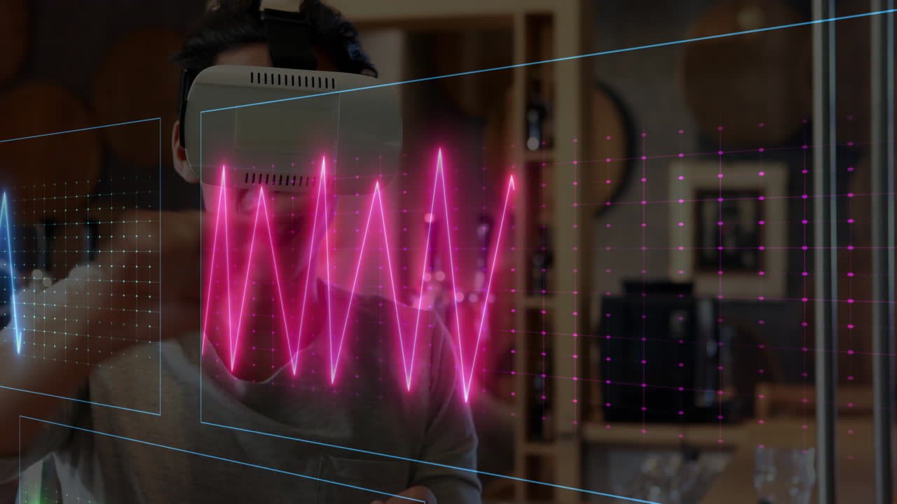 man wearing VR headset interacting with holographic waveform above bar shelves in technology demo