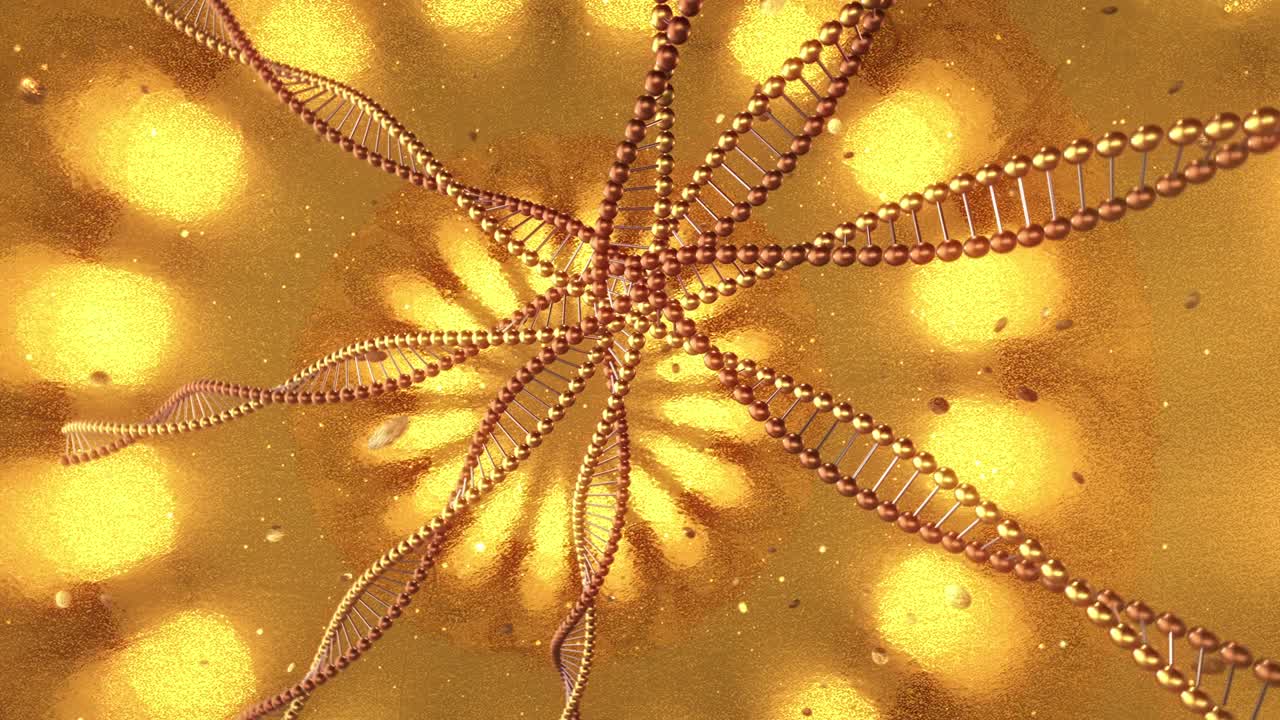dna 분자의 소용돌이와 함께 황금 기하학적 배경 3d 렌더링 루프 4k