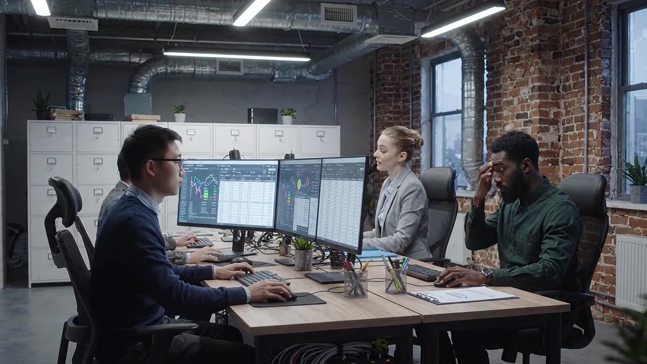 A Modern Office Team Analyzing Data at Multiple Workstations with Large Monitors in a Trendy Workspace Setting Featuring Exposed Brick Walls and Contemporary Design