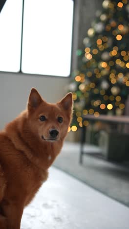 perro spitz finlandés cerca del árbol de navidad
