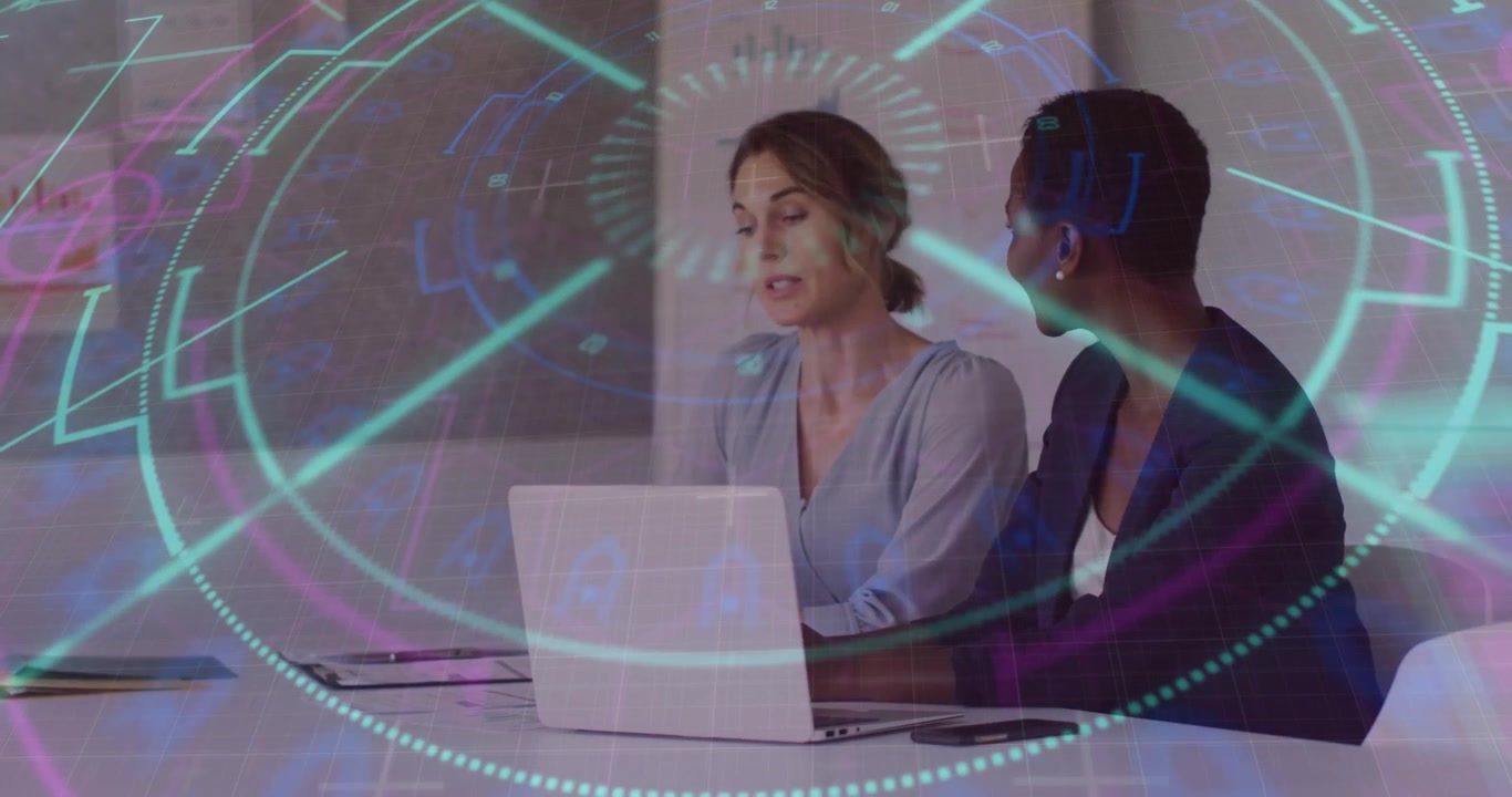 women initiating business discussion as holographic rings building pulsing visuals and fading