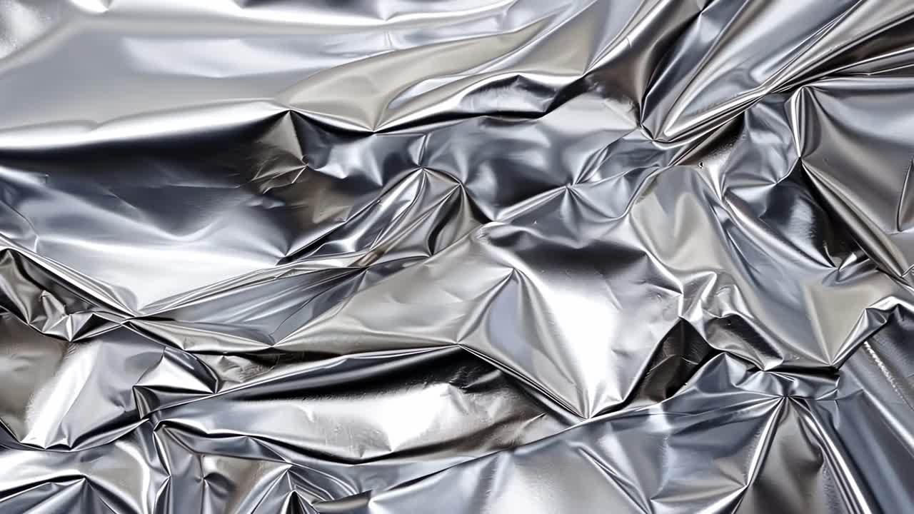 Ripresa video ravvicinata di carta stagnola accartocciata, che cattura texture astratte e riflessi.