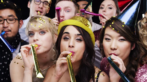 Multi-ethnic-group-of-people-celebrating-birthday-party-slow-motion-photo-booth