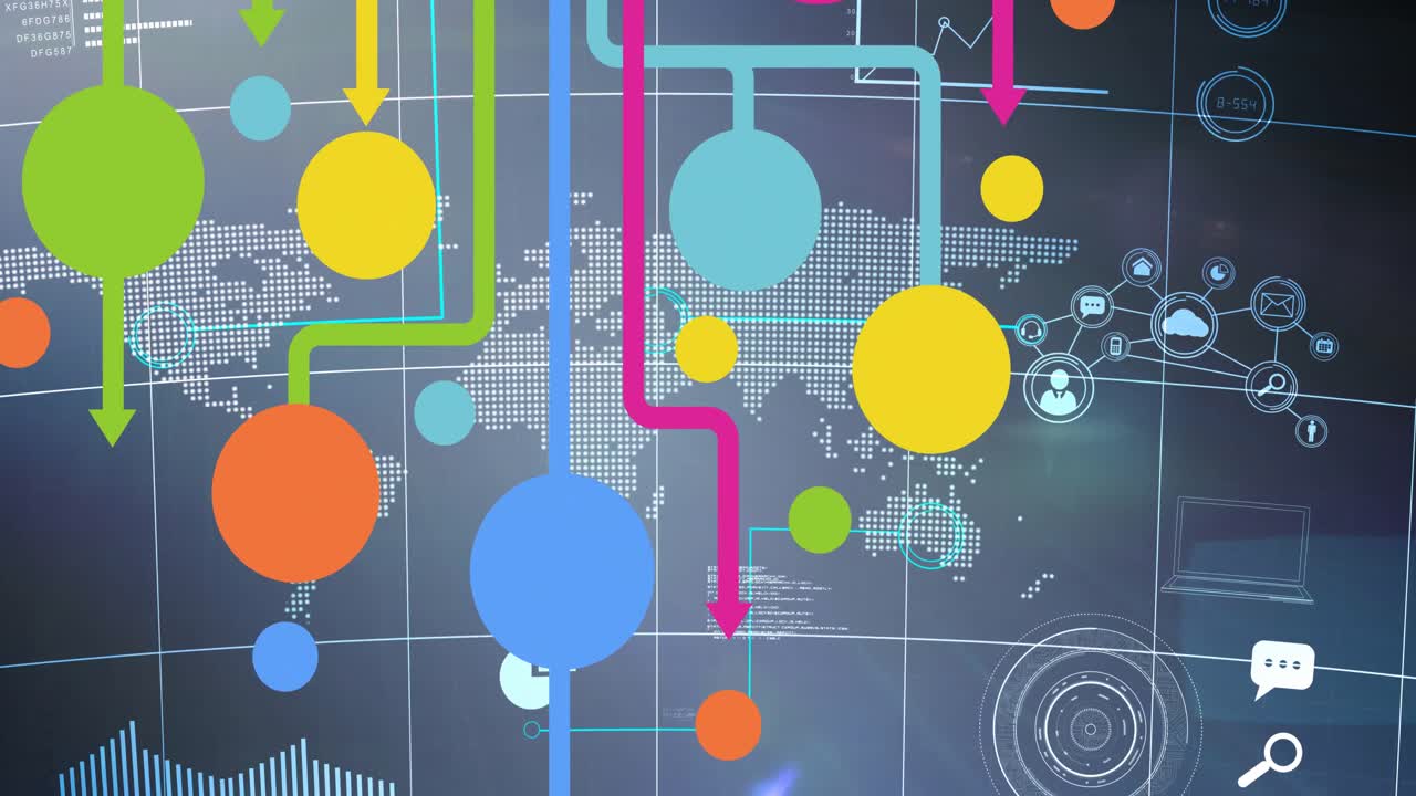 animación de la red de conexiones con iconos digitales sobre el mapa del mundo en el fondo