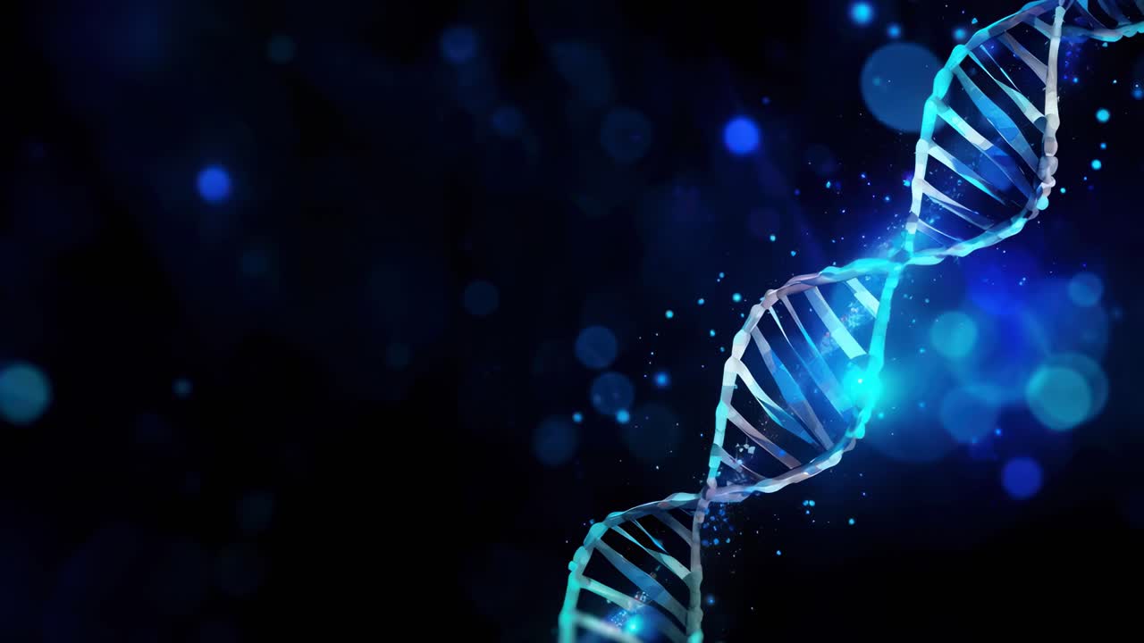 Close-up angle of a glowing DNA strand against a dark, bokeh background, creating a futuristic