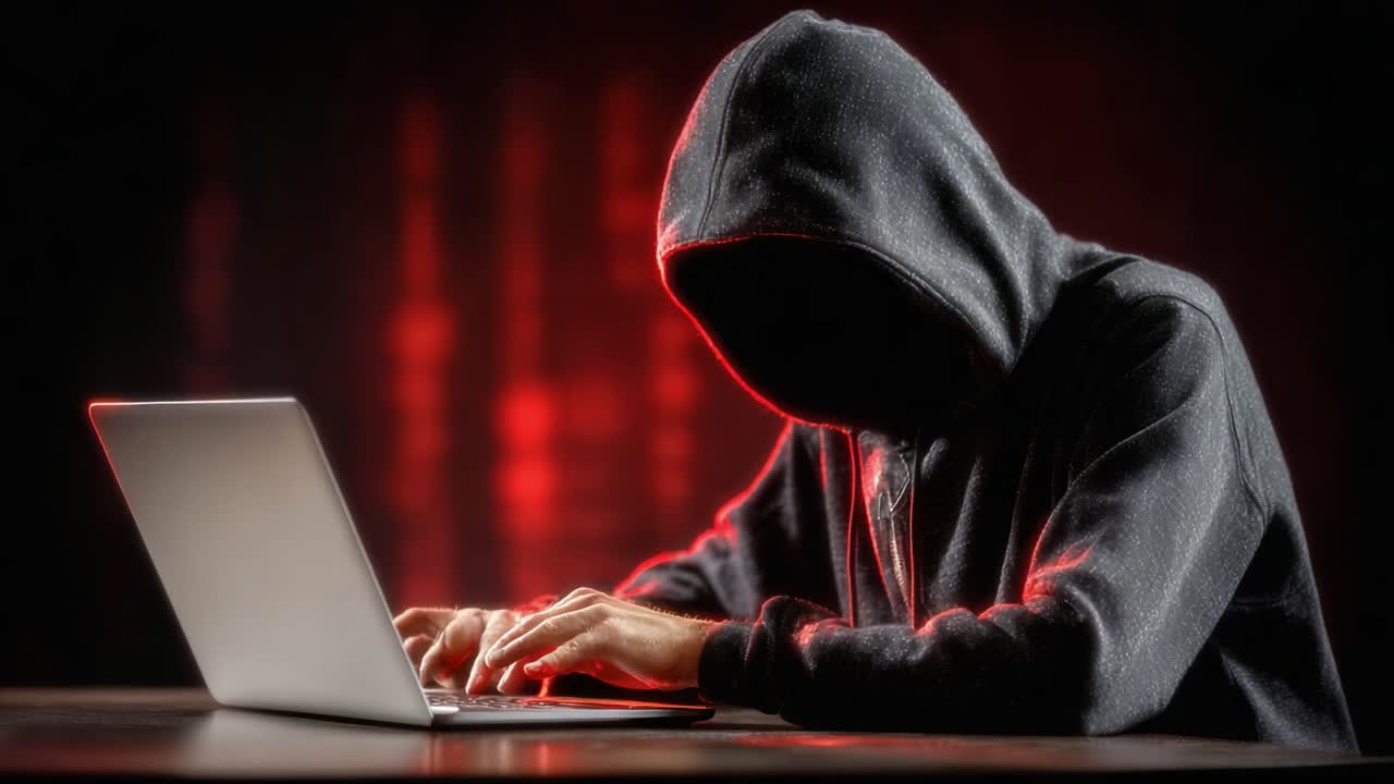 A Mysterious Figure in a Hooded Sweatshirt Engaged in Coding on a Laptop, Surrounded by a Dark Atmosphere with Glowing Red Background Elements Emphasizing Secrecy