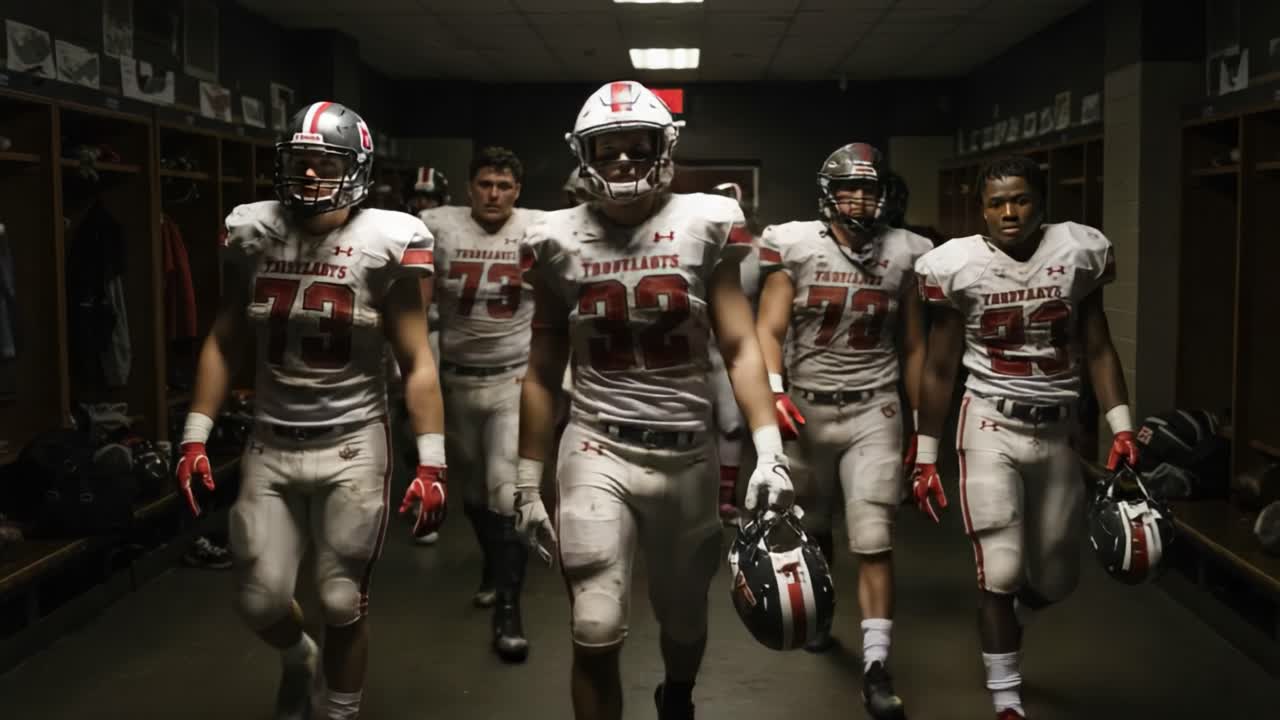 Team of Determined Athletes Walking Through Locker Room Ready for Competition, Showcasing Strength, Unity, and Presence in a Dimly Lit Environment