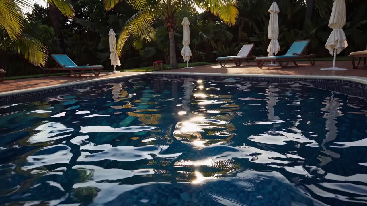 The video captures sunlight reflecting on a serene pool surface, creating a tranquil and shimmering