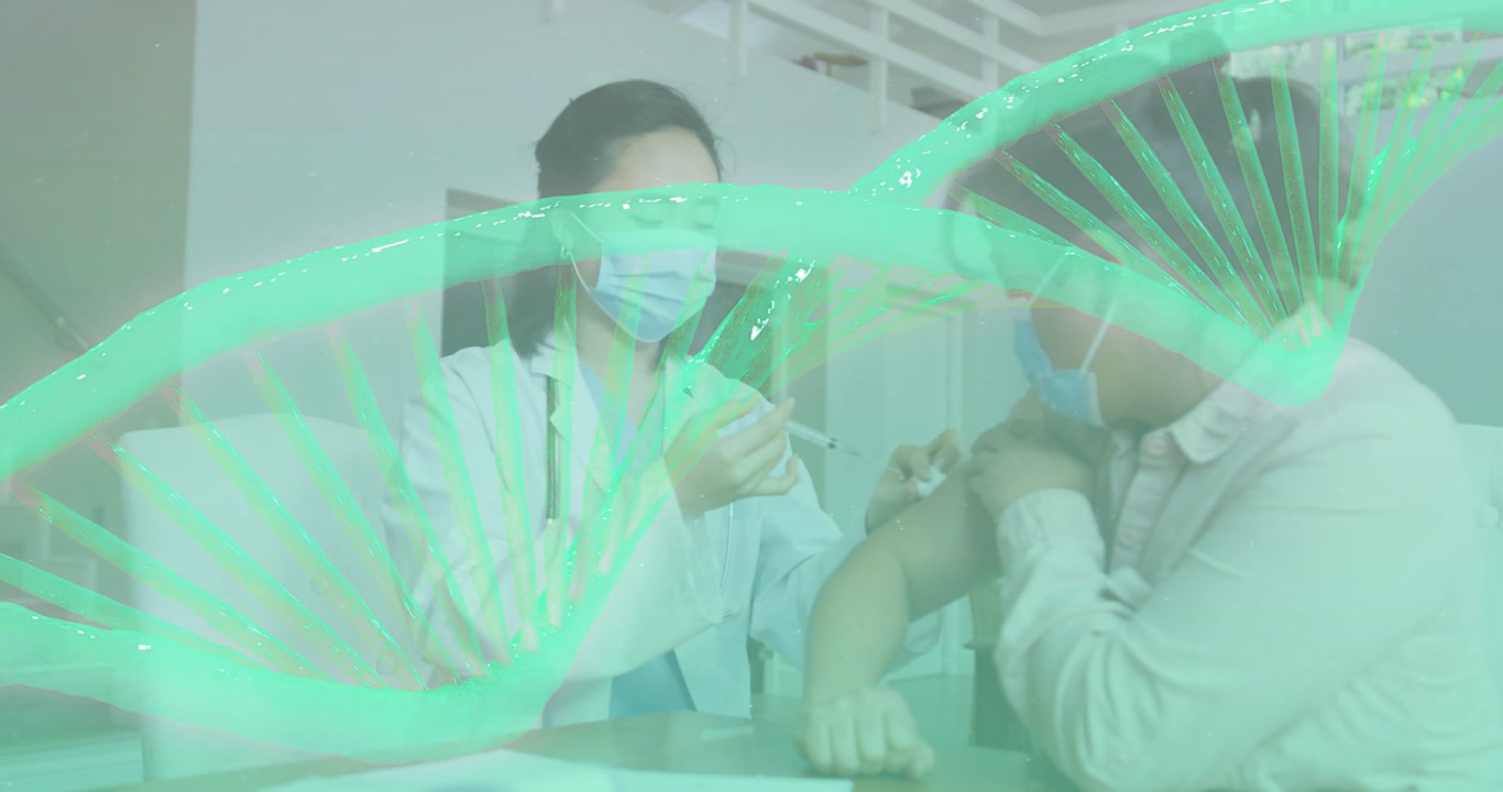 Medical doctor drawing vaccine, disinfecting arm and injecting dose as green helix overlay drifts