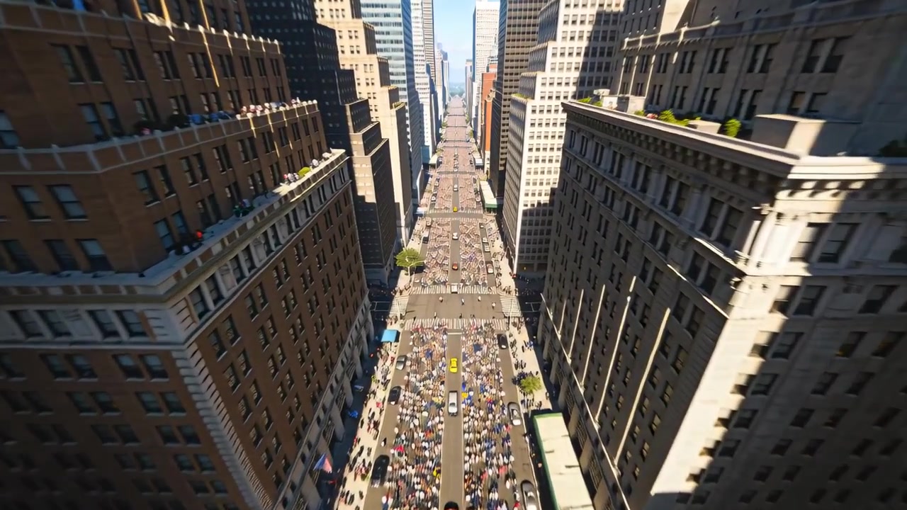 Flying drone descending forward to reveal downtown avenue crowd in short sleeves and yellow taxis