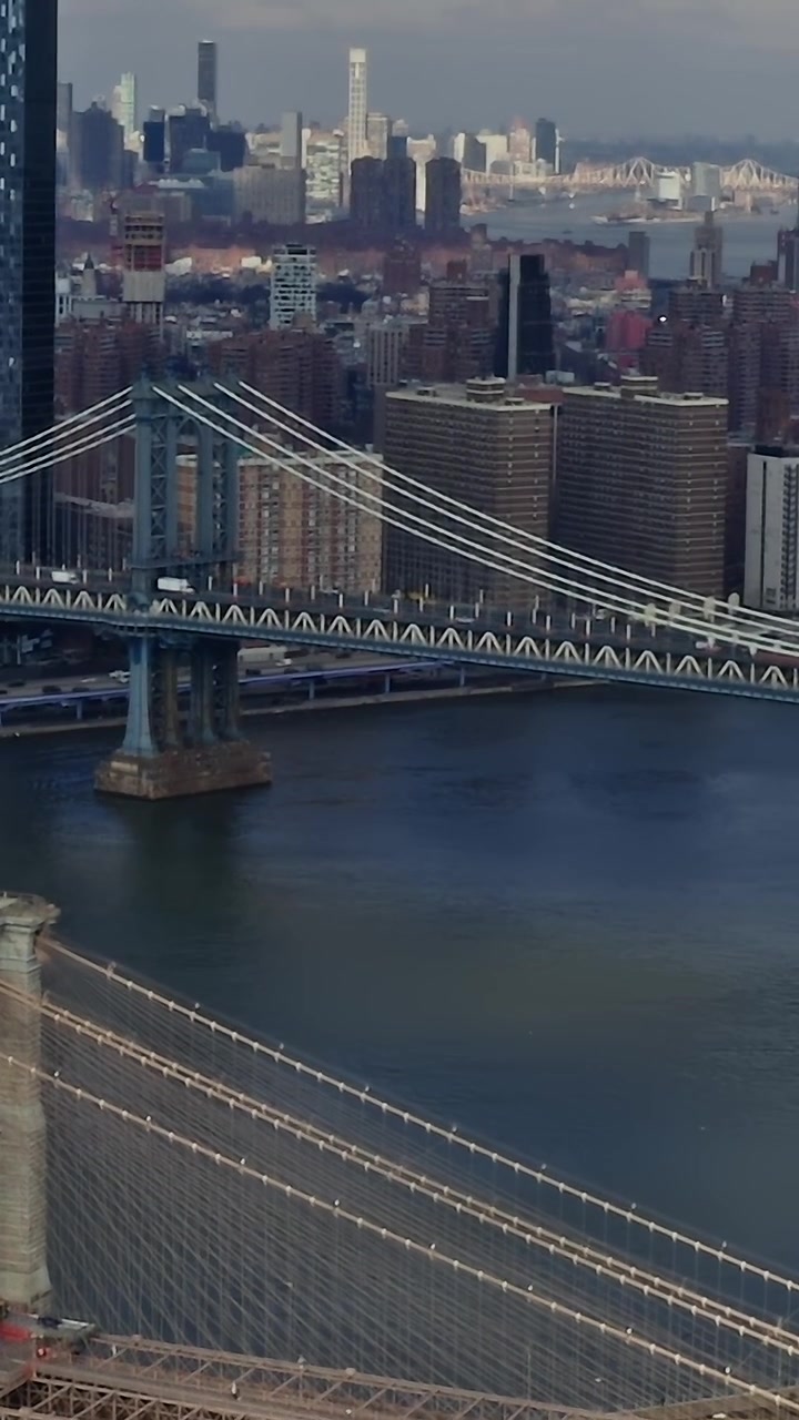 Vista del Ponte di Brooklyn con lo skyline della città sullo sfondo, sul fiume.