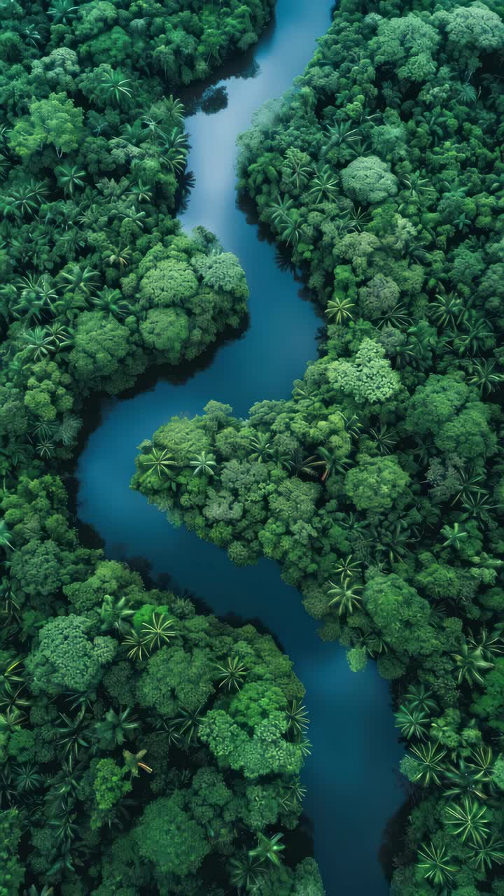 Aerial view of a lush green forest with a winding river, perfect for a nature video