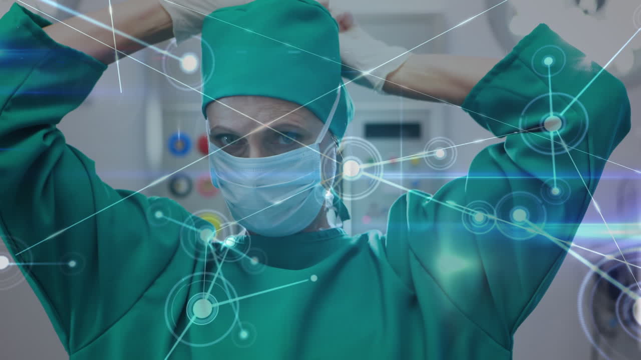 백인 여성 외과의사가 얼굴 마스크를 착용하는 연결 네트워크의 애니메이션