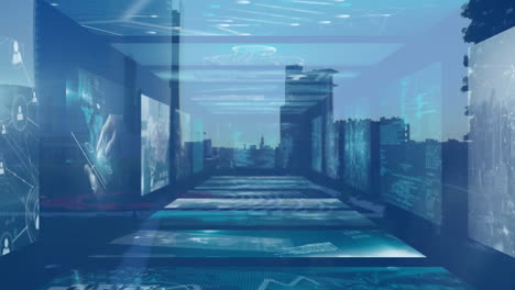 animation of data processing on screens over cityscape
