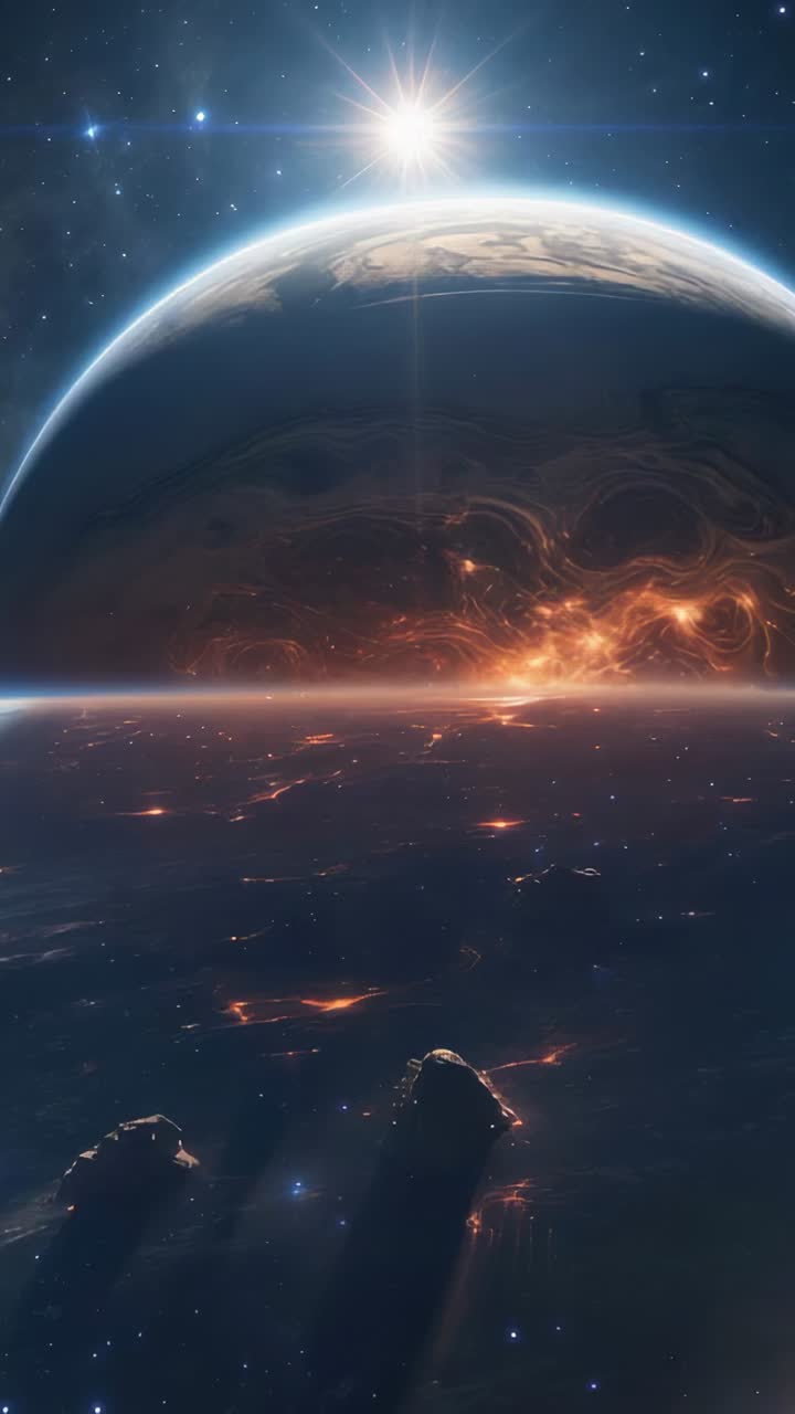 Vertical video: Flaring star casting light across planet horizon in space, with asteroid fragments