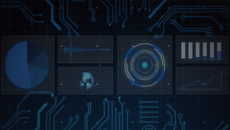 concentric circular hud panel glowing in high-tech dashboard, panels displaying charts and circuits