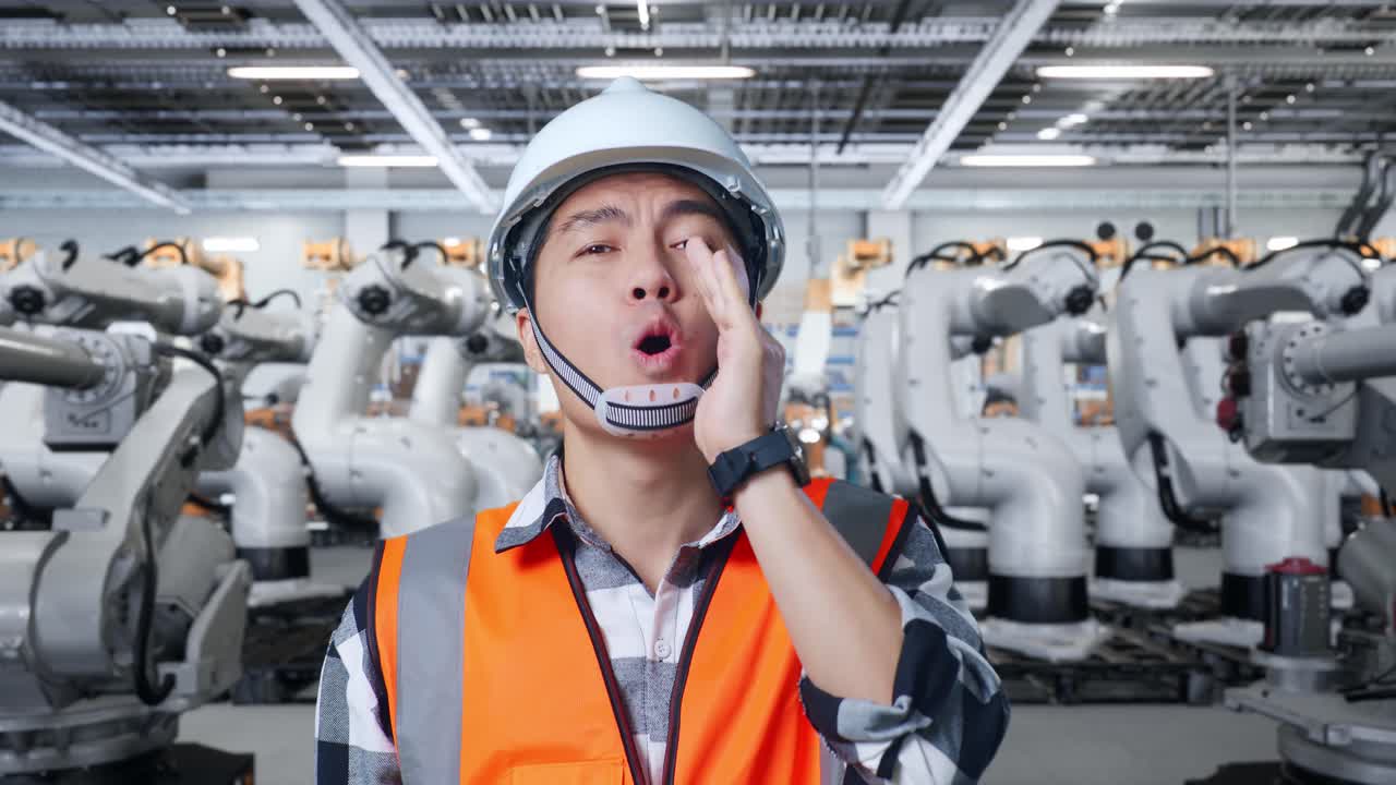 로 을 가진 공장 환경 에서 놀라움을 표현 하는 노동자