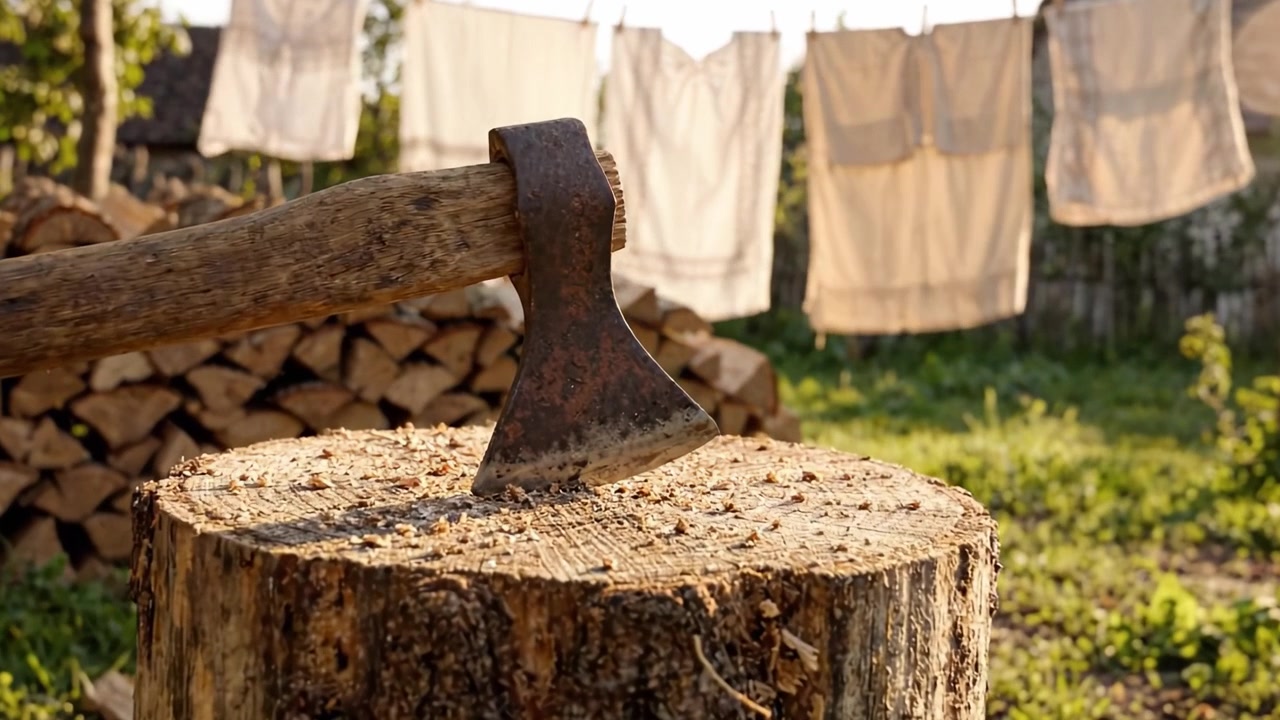 Bereit zum Holzhacken: Eine Axt im Fokus, während im Hintergrund an einem sonnigen Tag Wäsche trocknet.