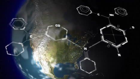 Animation-of-molecule-structures-and-rotating-globe-against-abstract-background