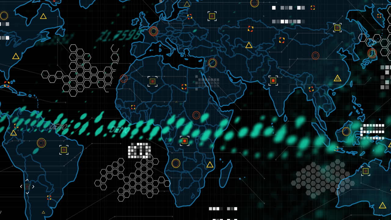 Animation of data processing over world map against black background
