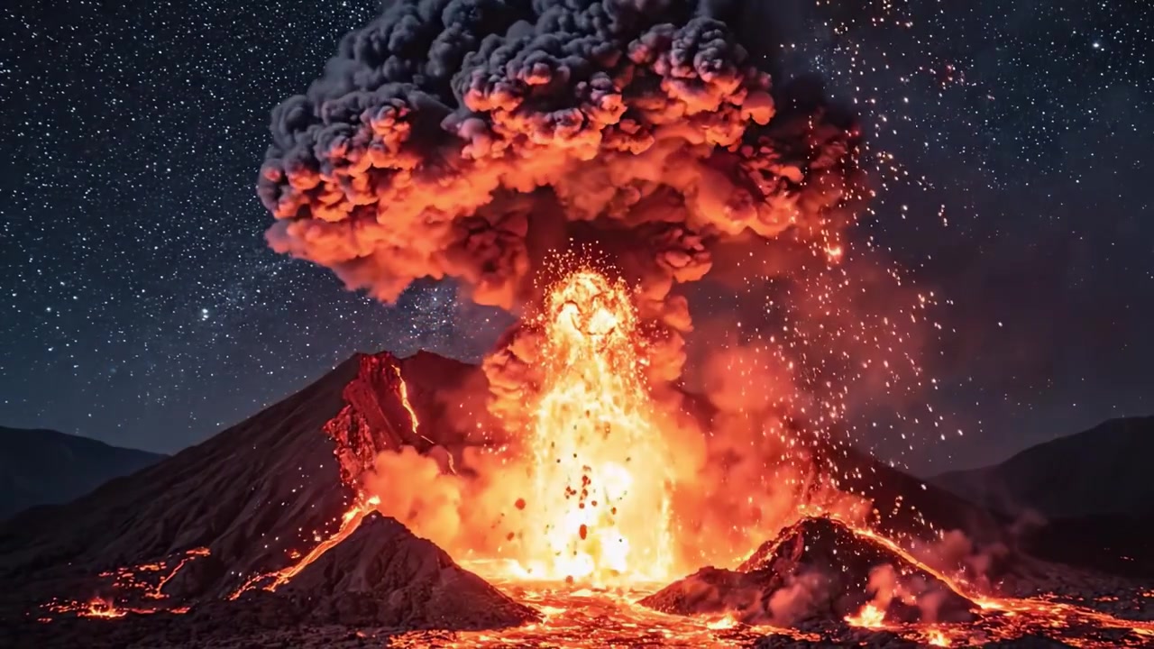 Et majestetisk vulkanutbrudd opplyst av stjernehimmel, som viser ild, aske og flytende lava i et imponerende skue av naturens kraft og raseri
