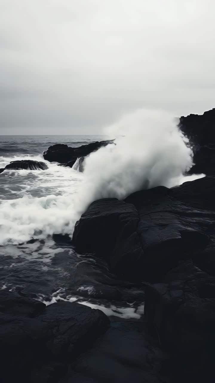 Moody seascape video concept with waves crashing on dark rocks