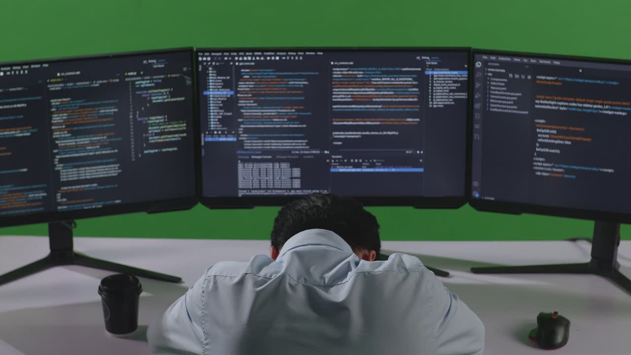 녹색 스크린 스튜디오에서 여러 컴퓨터 화면으로 코드를 작성하는 동안 잠을 자는 피곤한 아시아 남자 개발자의 뒷면