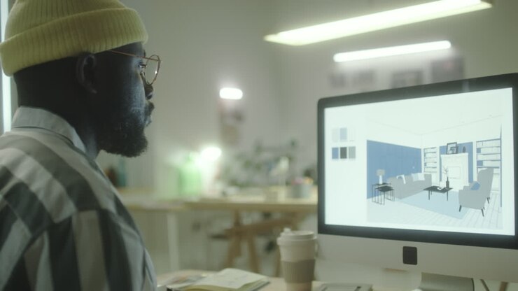 Mand arbejder på indretningsprojekter på computer