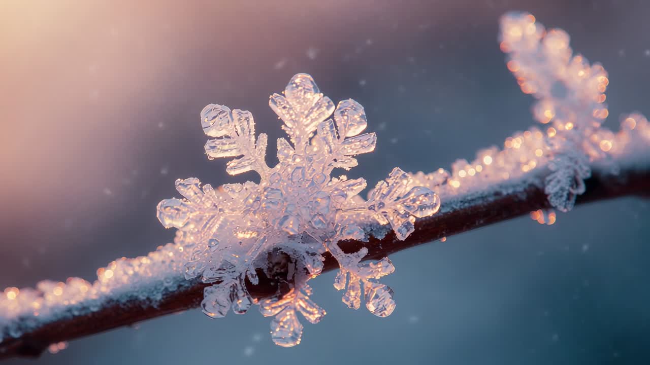 Rising sun backlighting snowflake on frosty twig in winter forest showing details with drifting ice