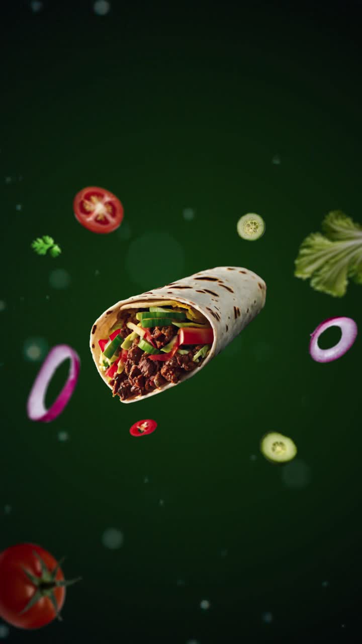 Shawarma Gyros Doner med agurk og tomater - Animationsintro til markedsføring af restauranter med ingredienserne omkring den (grøn baggrund) - vertikal video til prisskilt eller salg