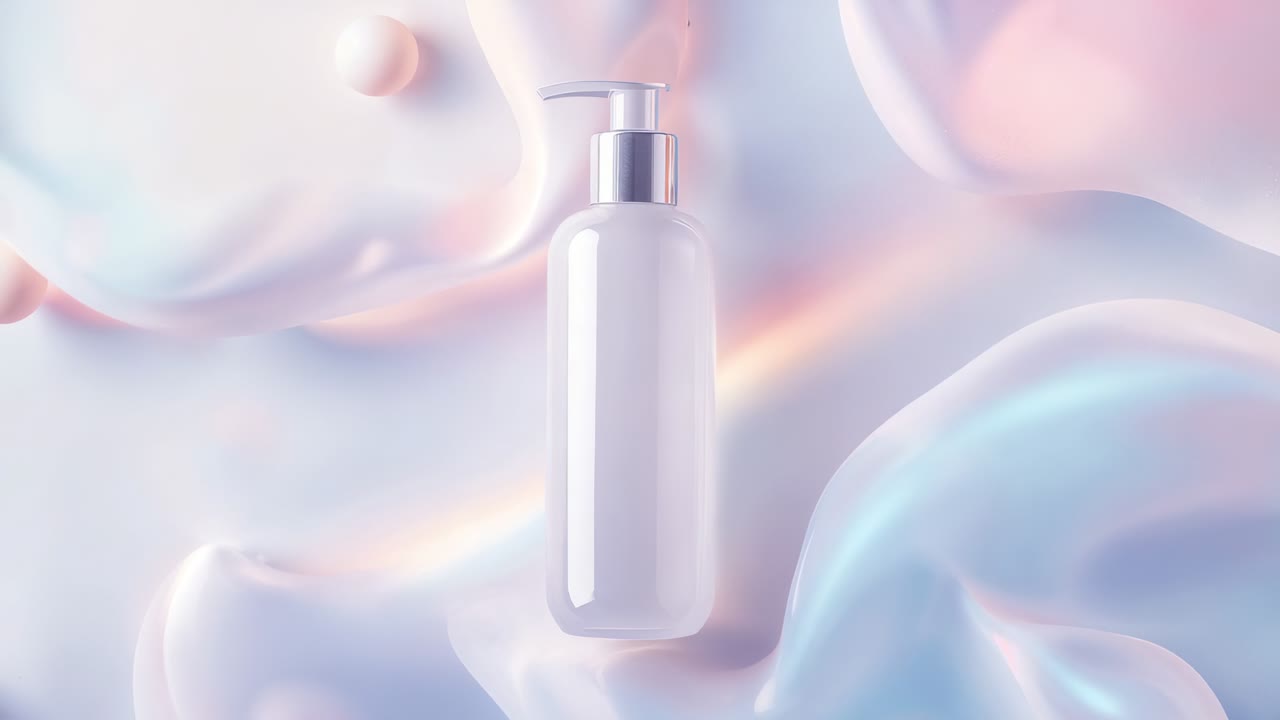 Animating white pump bottle featuring pastel shapes undulating and spheres drifting in studio