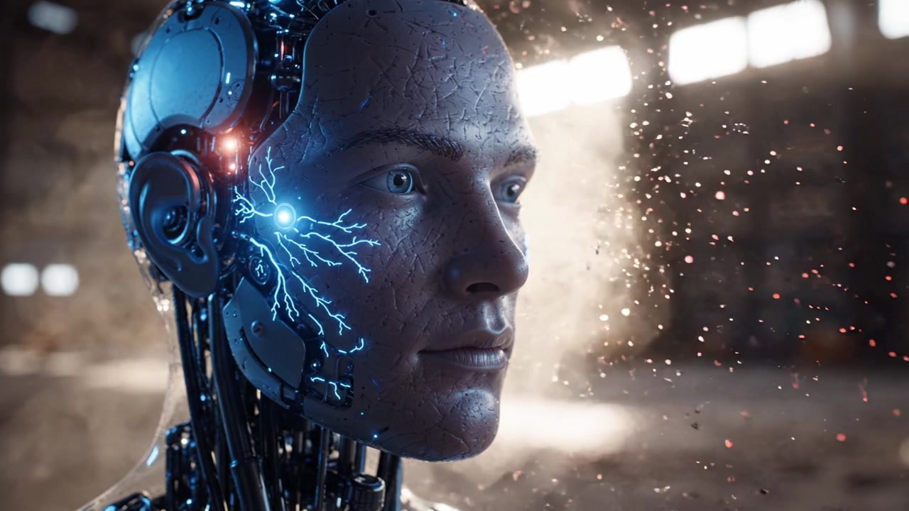 Futuristic Cybernetic Portrait of a Human-Like Robot with Glowing Neural Pathways in an Industrial Environment Highlighting Advanced Robotics and AI Technology