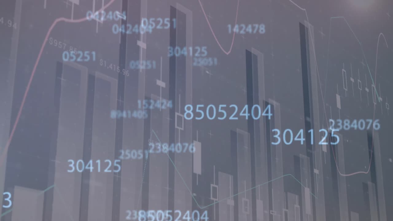 Múltiples números cambiando sobre procesamiento de datos financieros en fondo gris.