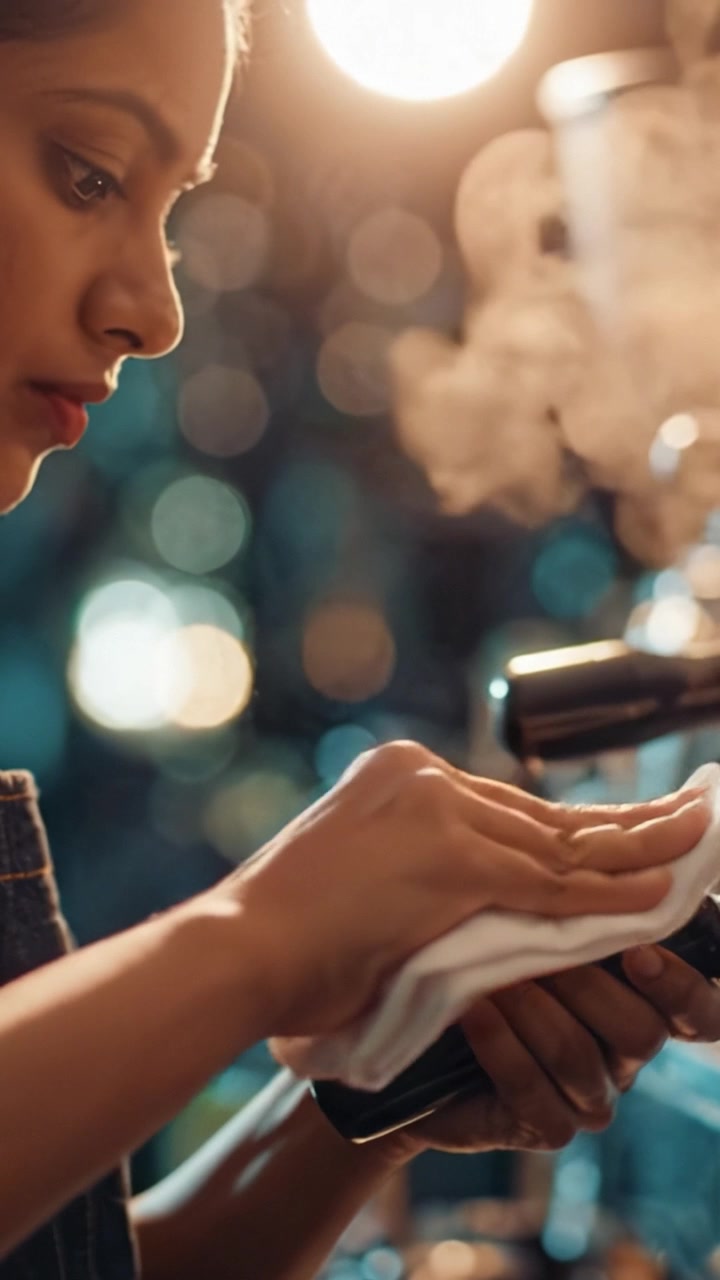 Un barista pulisce meticolosamente una macchina da caffè espresso, evidenziando l'arte della preparazione del caffè e la dedizione alla manutenzione delle attrezzature per un caffè perfetto.