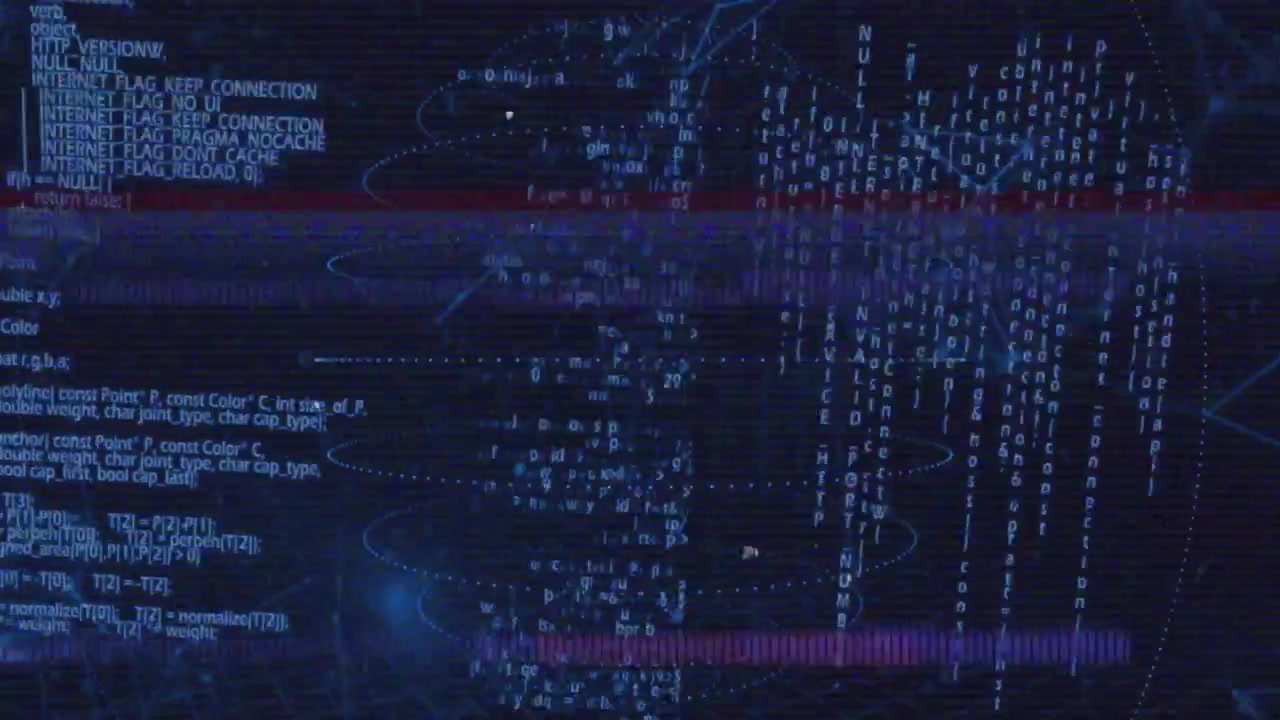 Horizontal noise band scrolling across grid starting rotating sphere pulsing visualizing disruption