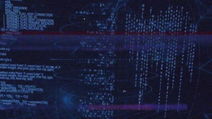 Horizontal noise band scrolling across grid starting rotating sphere pulsing visualizing disruption