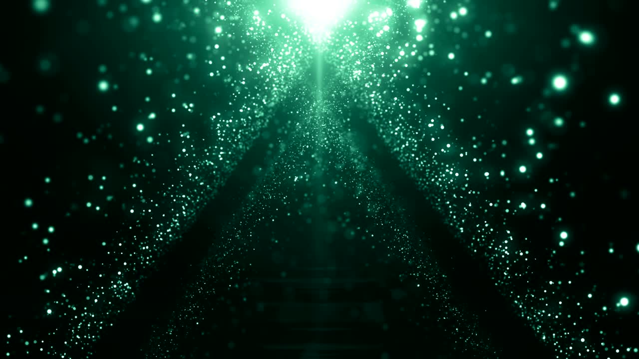 Loop di sfondo cinematografico con particelle di polvere, bokeh di luce astratto e titoli in movimento.