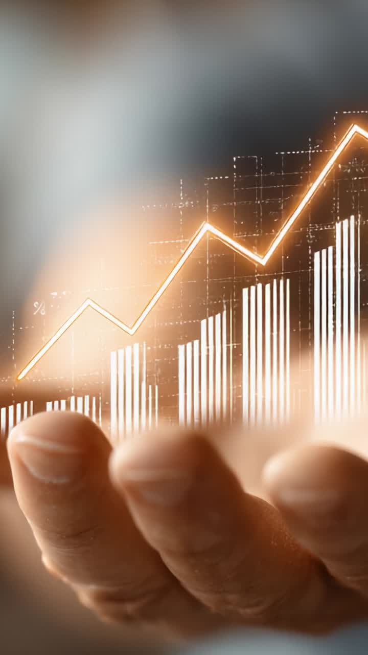 Una mano che regge uno schermo trasparente che mostra un grafico in crescita con indicatori economici rappresentati da barre e linee per l'analisi finanziaria