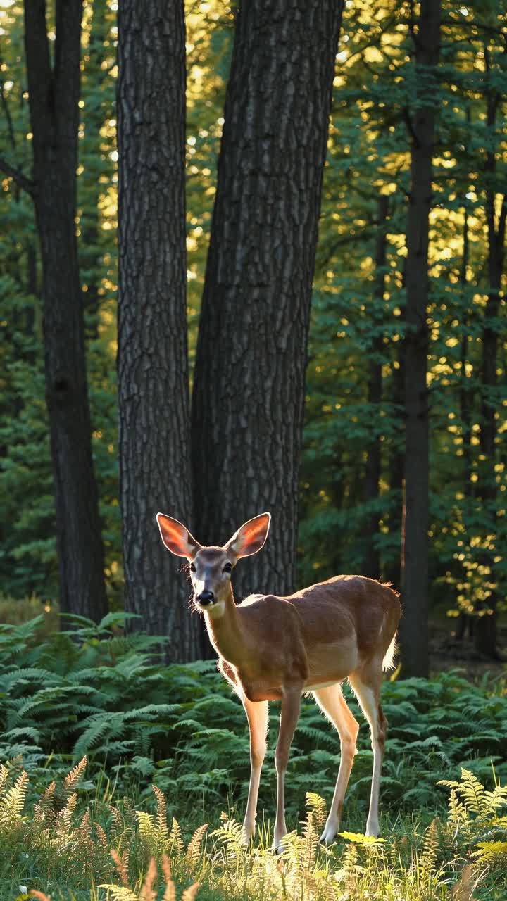 A serene video still of a deer in a sunlit forest, captured from a low angle