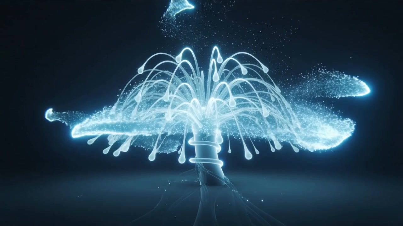 Receiving ribbon, central lit fountain bending tendrils and ejecting particle ring in dark studio