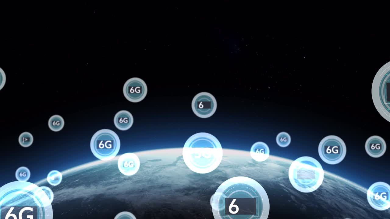 animación digital de texto múltiple de 6g en círculos azules contra el punto azul de luz sobre el globo