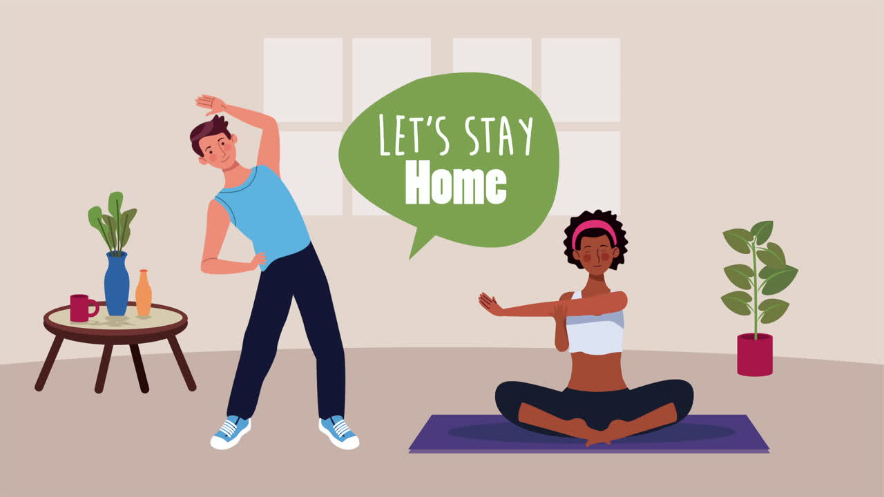 코로나19 예방 방법을 위해 집에서 요가와 운동을 하는 인종 간 커플