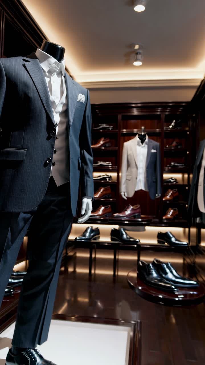 Low-angle shot of mannequins in suits, showcasing elegant menswear in a luxury store setting